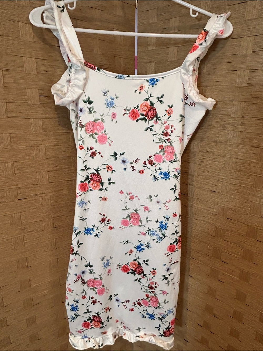 Ivory Floral Satin Ruffle Mini Dress - Picture 4 of 5